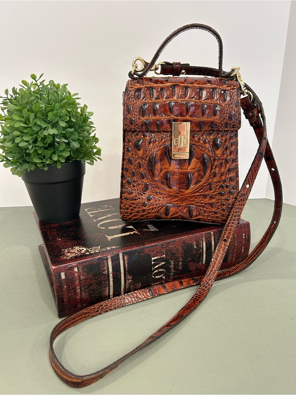 Brahmin “Midge” Chestnut Croc-Embossed Leather Mini Crossbody